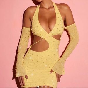 Embellished Cold Shoulder Cut Out Mini Dress in Yellow US 6/ UK 10 by Oh Polly